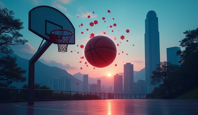 籃球與顯示預測市場交易額大幅攀升的數據趨勢圖