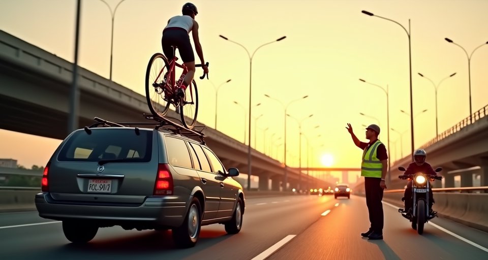 汽車車頂架載運自行車，呈現物品裝載後的車身高度。