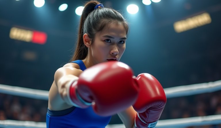 林郁婷在拳擊擂台上揮出精準刺拳，展現紮實的進攻技術。