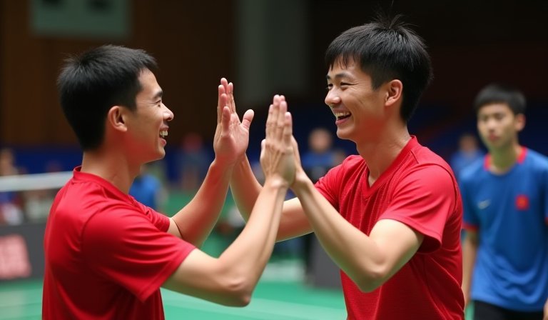 王齊麟與李洋在清晨盃羽球表演賽並肩作戰，展現絕佳默契。