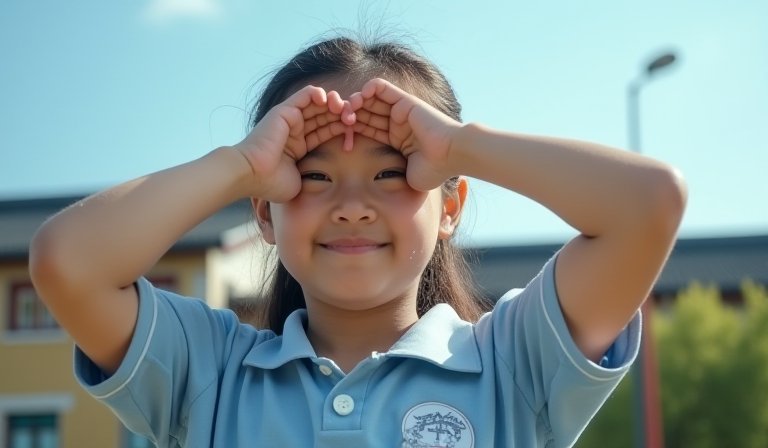 三村國小學生在校園田徑場跑道上揮汗奔跑練習。