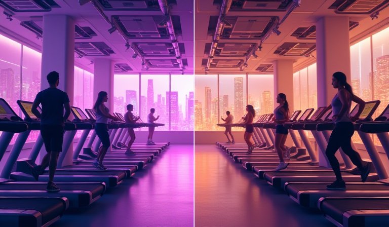 紫色與黃色調的Planet Fitness健身房內部運動器材。