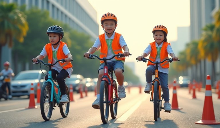 國小學生在校內進行自行車路考，專注練習通過S型彎道。