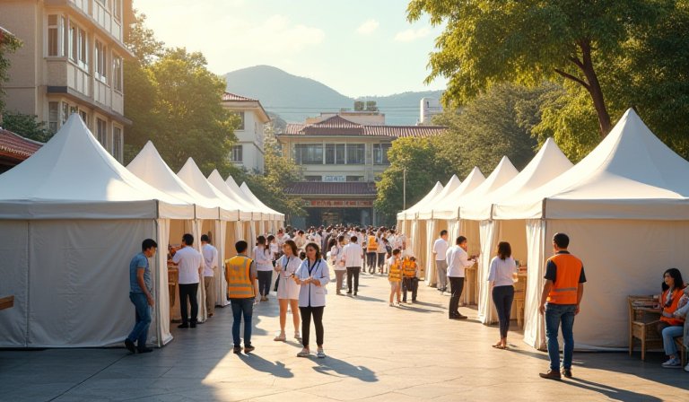 醫護人員於健康篩檢活動現場，細心為民眾進行檢查服務。