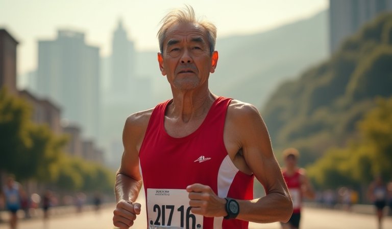 跑者沿嘉陵江畔奔跑，背景為重慶磁器口古鎮與跨江大橋。