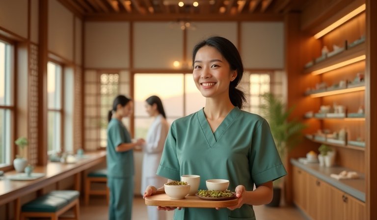 護理師於中醫診所藥櫃前專注工作，展現專業服務形象。