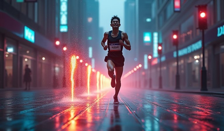 人形機器人與馬拉松選手在賽道並肩，展現人機同場競技。