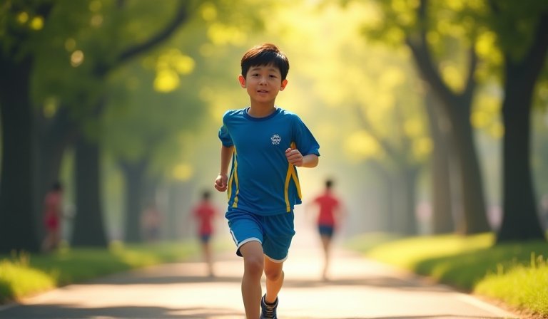 父親在大磺山步道陪伴女兒練跑，指導呼吸節奏。