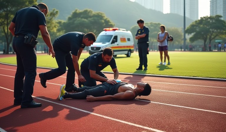 救護員在跑馬地遊樂場,為昏迷倒地的跑步男子急救。