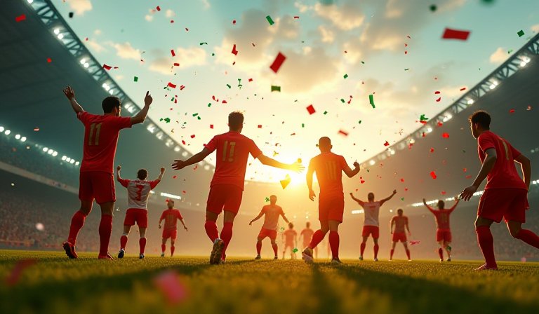 伊朗足球隊員穿著國家隊球衣在綠色球場上奔跑競爭。