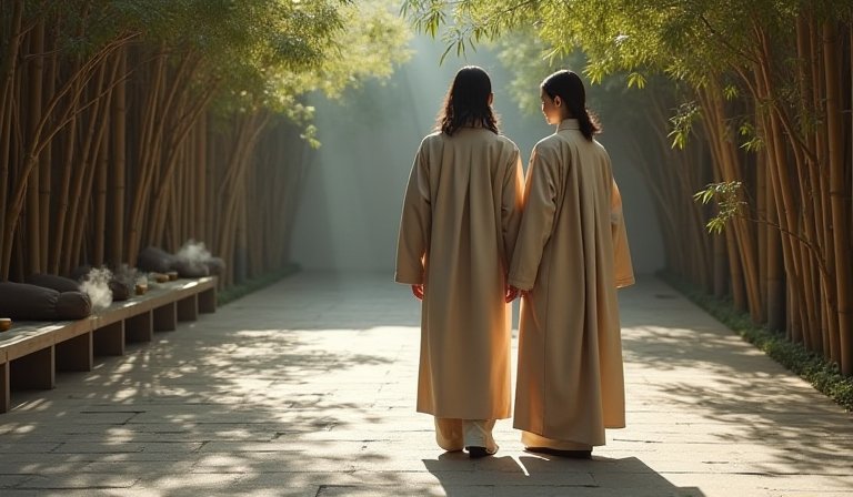 模特兒穿著靛藍染層疊褶裙，手持復刻宋代織錦觀音經卷