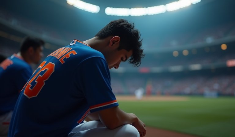 大都會隊波·比薛特於球場低頭沈思，面露開季挫折感