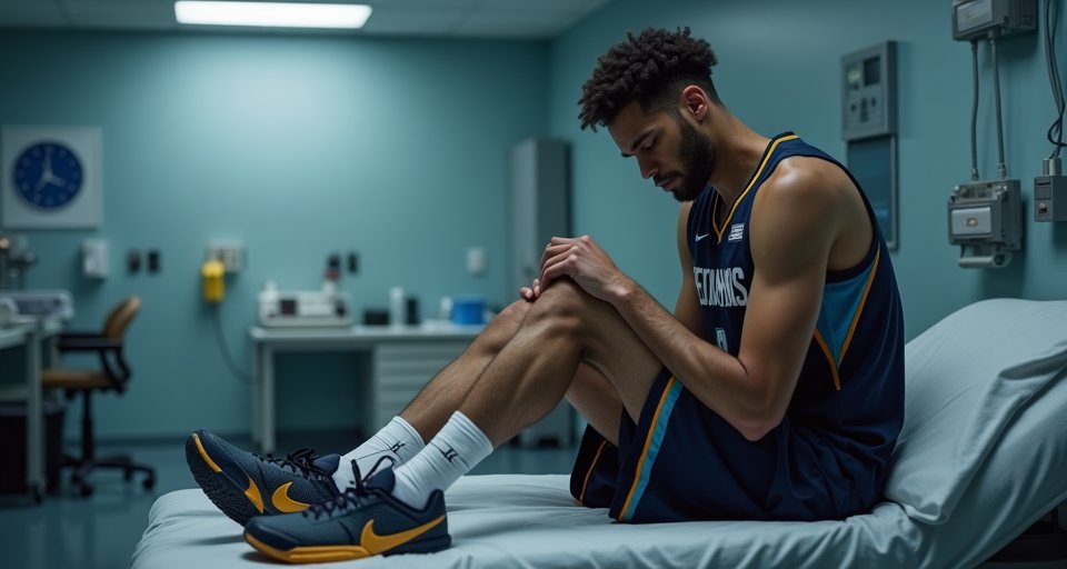 灰熊中鋒周志豪坐在場邊低頭注視纏繞厚重繃帶的腳踝