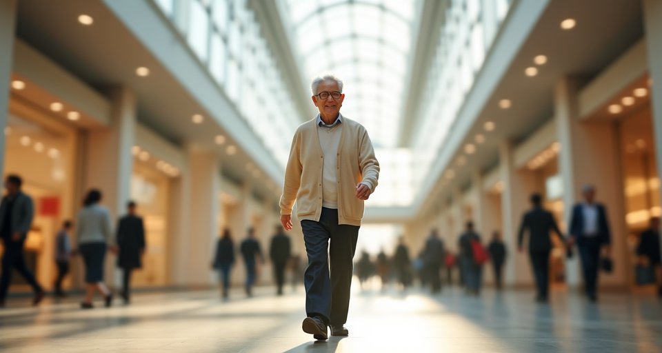 精神矍鑠的高齡女性在明亮的百貨商場內輕鬆自在地步行。