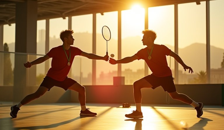 李洋與王齊麟於羽球場揮拍，展現奧運金牌組合的默契。