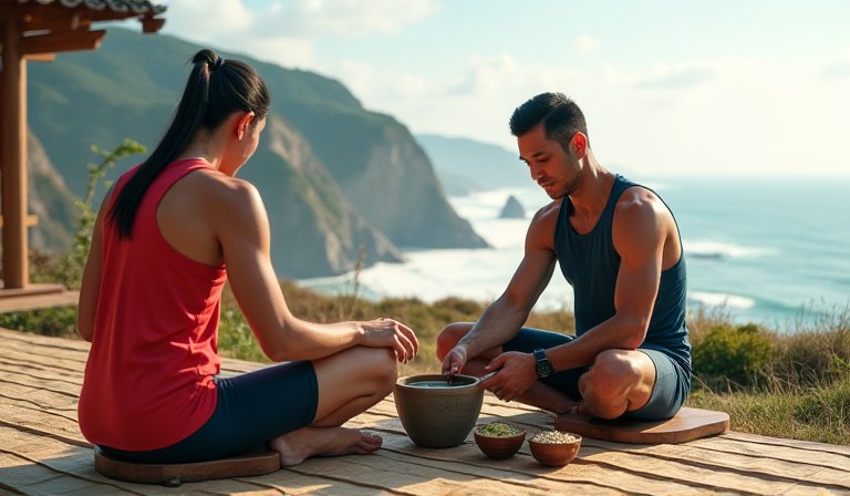 萬金石馬拉松外籍選手現場體驗研磨傳統客家擂茶