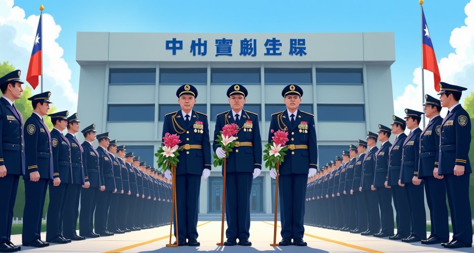 竹山警分局長官致贈榮退警察紀念獎牌與鮮花束。