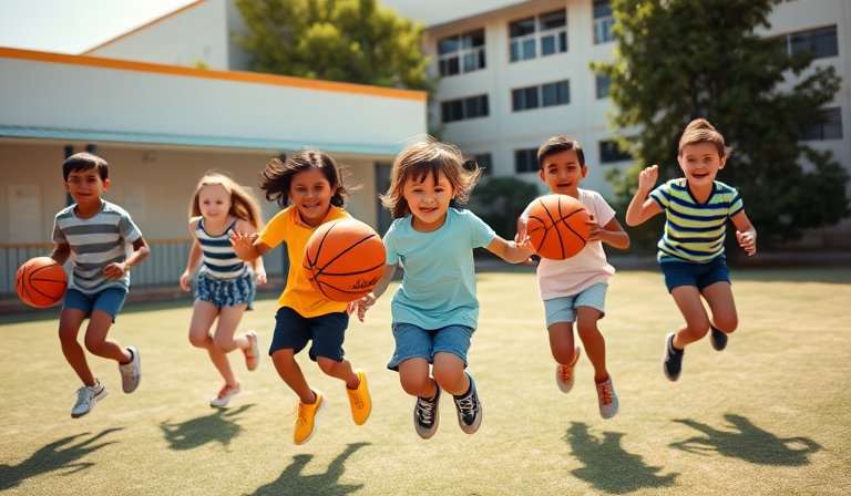 國小學童手拿新捐贈的籃球與跳繩在校園操場合影