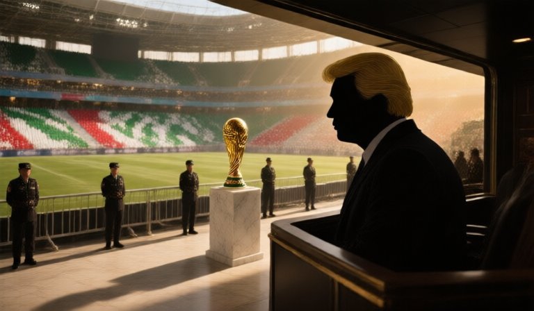 川普發表言論，背景結合足球元素與伊朗國旗意象。