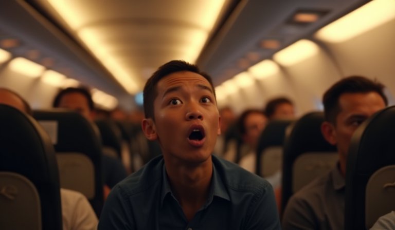 飛機機艙內一名旅客目擊衝突瞬間，露出極度震驚的表情。