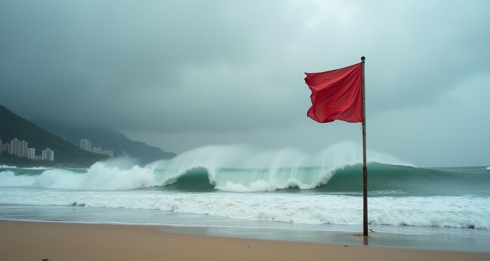 泳灘懸掛紅旗警示，岸邊海面波濤洶湧並捲起巨大浪花。