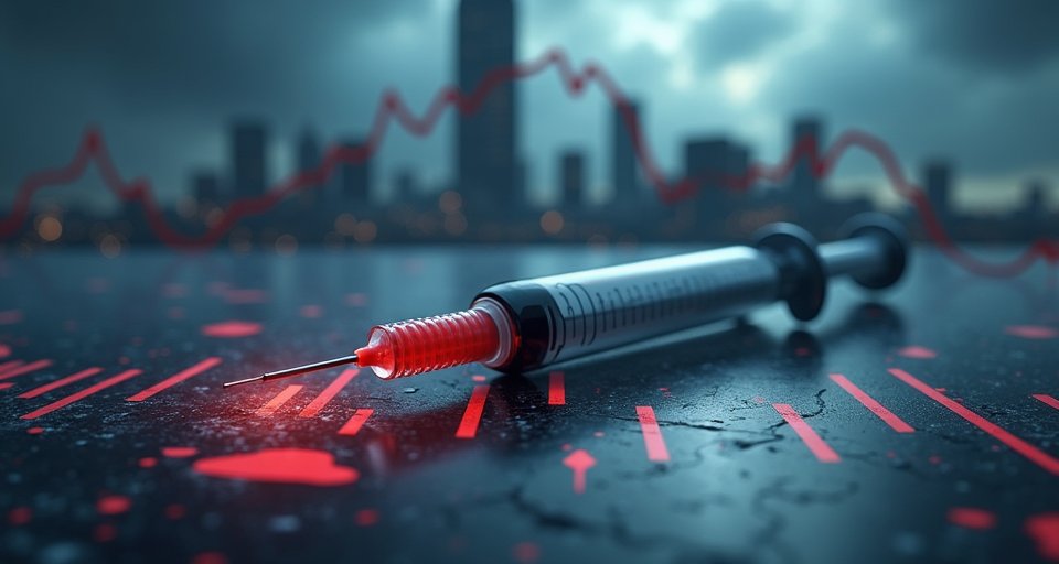 下跌股價圖與藥瓶，呈現臨床試驗遭暫停後的股價重挫。