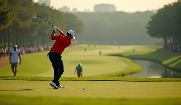 職業高爾夫球手在上海公開賽果嶺上專注擊球姿態