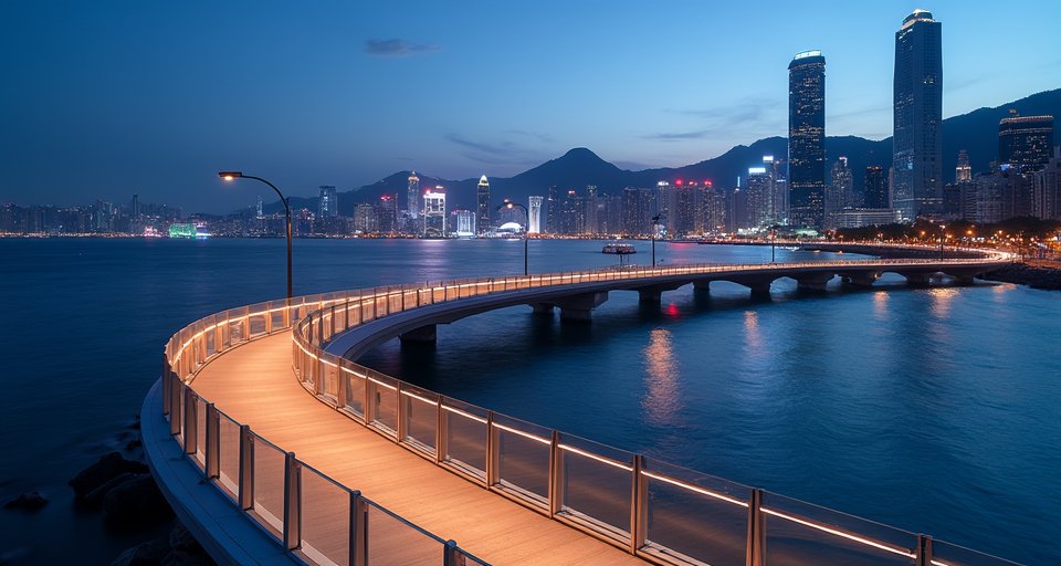 跑者在北角東岸板道上邁步奔馳，盡享維港海景。