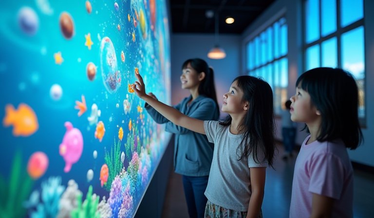 孩童在天文館沈浸式展區探索壯闊銀河與繽紛海底世界