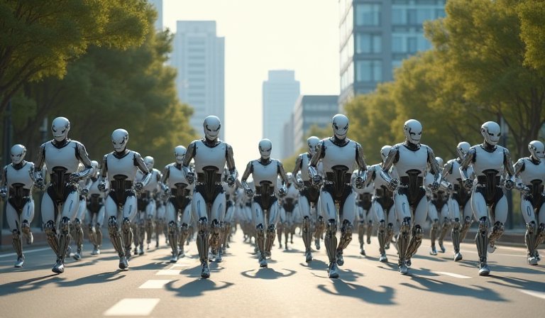 數百台人形機器人在城市賽道上進行馬拉松跑步競賽。