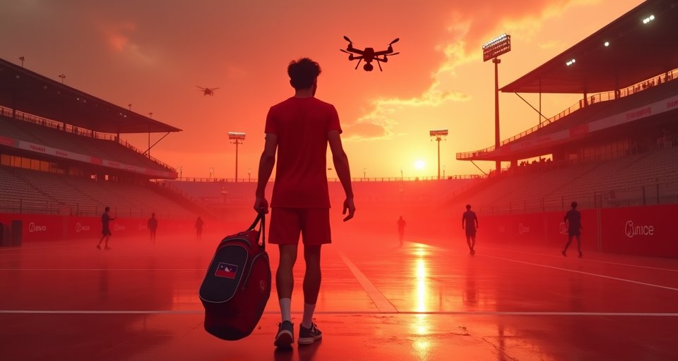 網球場外港口冒出濃煙火光，呈現阿聯酋賽事受威脅場景。