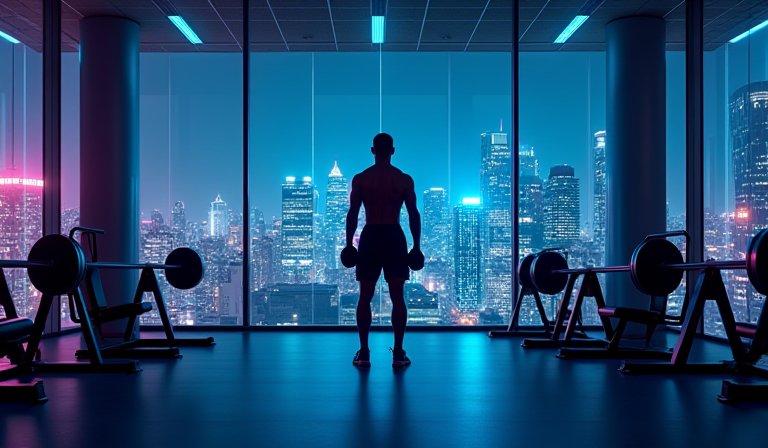 男子於深夜時段的健身房內，專注進行高強度的重量訓練。