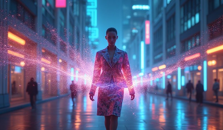 年輕消費者在智慧門市中檢視具備環保認證的永續服飾。