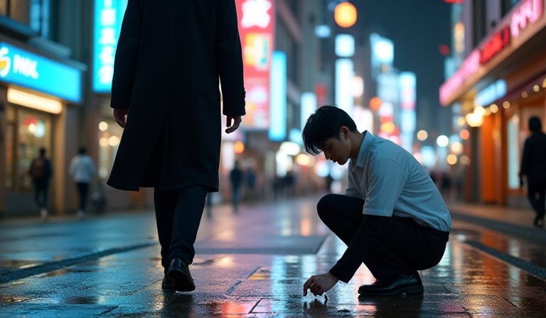 穿著黑色連帽外套的男子丟菸蒂，店員跪在地上清理。