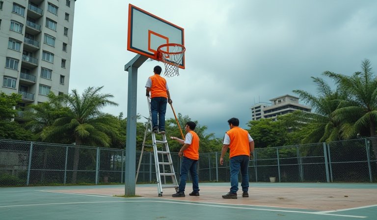 工作人員正在公園籃球場拆除球框，以防範疫情群聚。