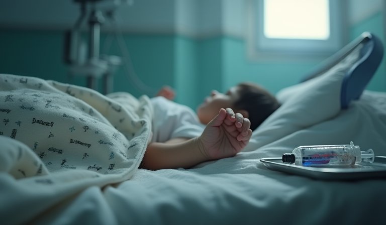 醫護人員正為孩童注射，托盤內堆放多支重複使用的針筒。