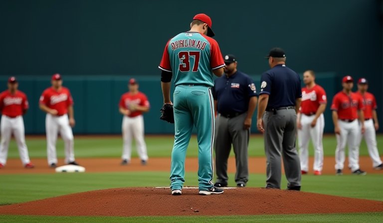 勇士打者於五局上強力揮棒，響尾蛇投手神情沮喪。