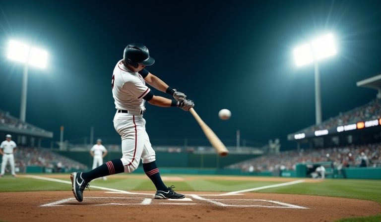 村上宗隆身穿白襪隊球衣，於打擊區展現強力揮棒瞬間。