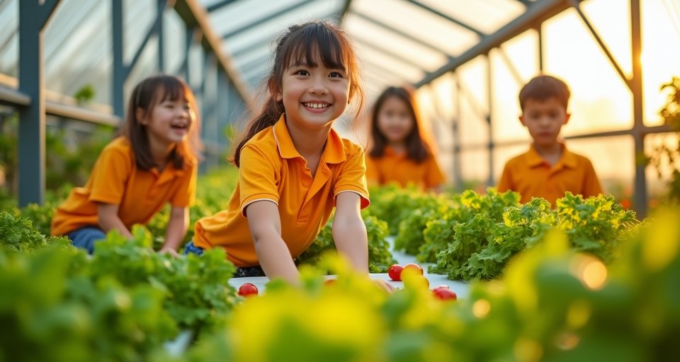 官田國小學童在溫室中採收親手栽種的鮮綠無毒蔬菜。