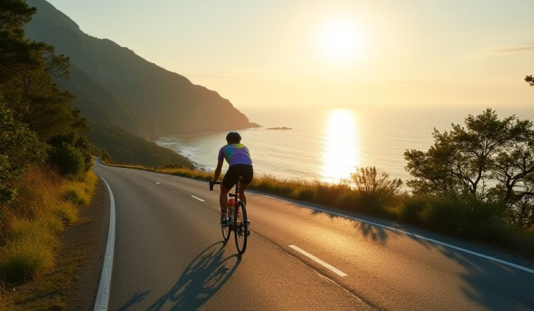 騎士於花蓮山海景觀步道騎行，利用手機進行數位打卡。