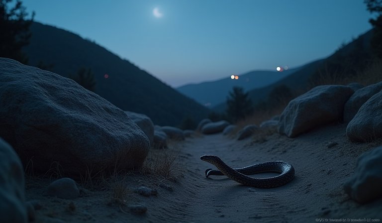 一隻響尾蛇正蜷曲在清晨的荒野步道旁曬太陽取暖。