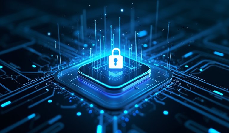 iPhone 鎖定模式設定畫面與象徵安全防護的盾牌。