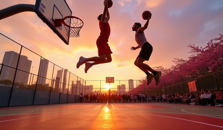 籃球運動員在熱鬧的城市戶外球場，進行三對三對抗賽。