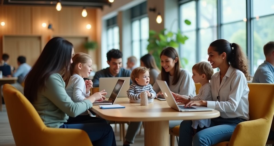 職場家長在友善環境中辦公，展現工作與育兒的平衡。