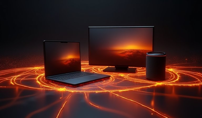 筆電、手機與智慧螢幕同步顯示跨裝置的工作任務與介面。