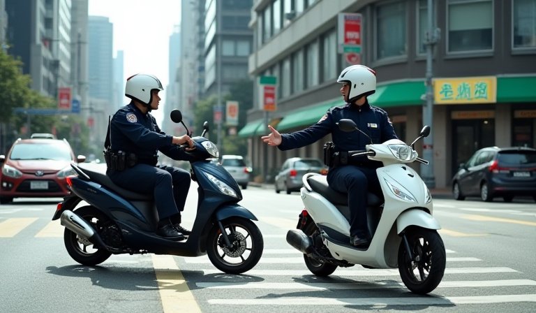 警察在深夜市區街頭攔檢違規酒駕的共享單車騎士。