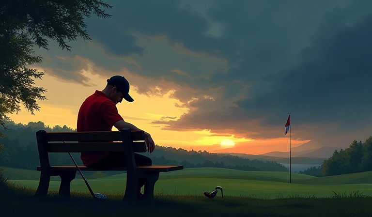 老虎伍茲穿著高爾夫球裝獨自漫步在球場，神情顯得凝重。