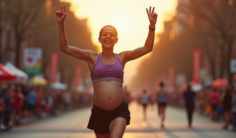 挺著孕肚的精英女跑者於馬拉松賽道奔跑，神情堅毅專注。