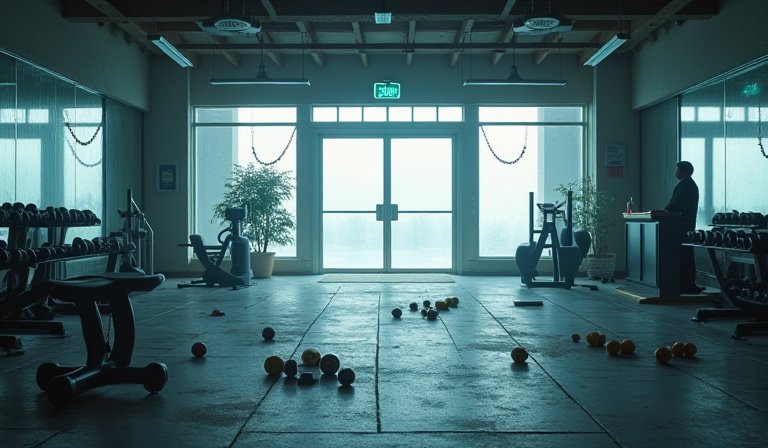 健身房大門緊閉並張貼停業公告，室內器材閒置無人。