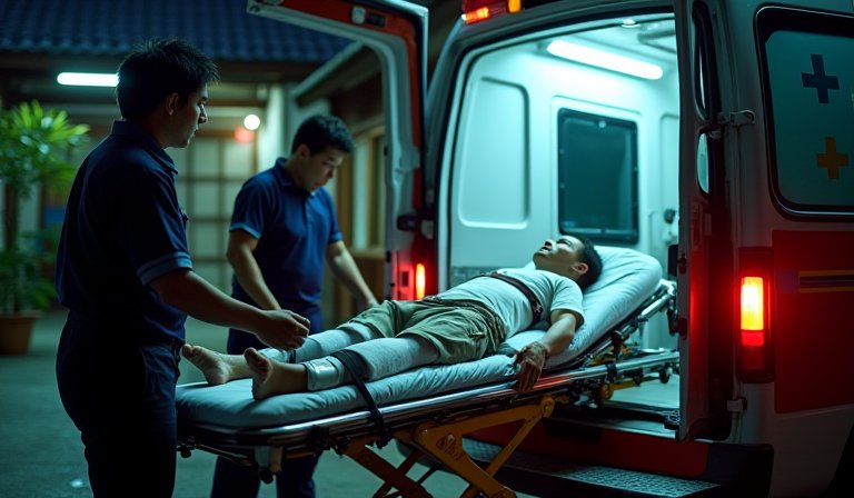 醫師在診間說明男子大腿股骨骨折與神經壓迫的傷勢。
